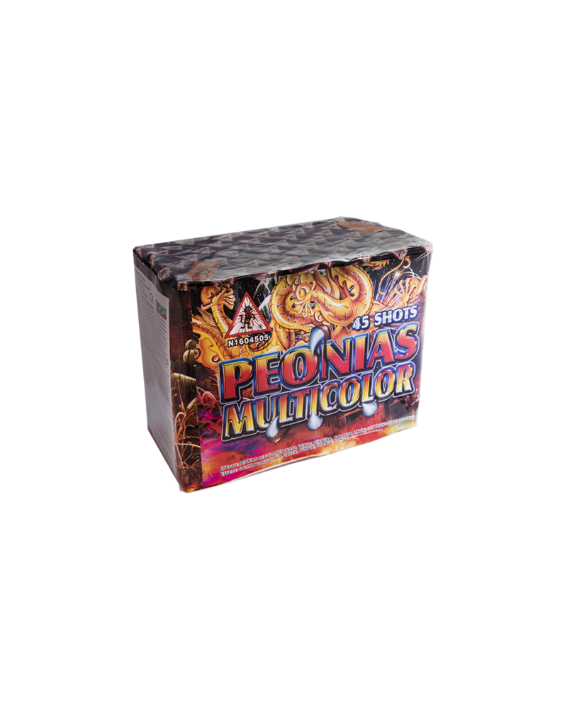 Batterie Droite, 30 mm, 45 coups , 35" PEONIAS MULTICOLOR, bombes et troncs de différentes couleurs et crépitement. Batterie Droite, 30 mm, 45 coups , 35" PEONIAS MULTICOLOR, bombes et troncs de différentes couleurs et crépitement.
