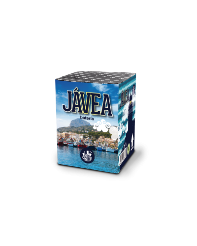 0633 Batterie Droite, 20 mm, 16 coups , 20" Javea, Bombes pivoine vertes et rayons dorés.