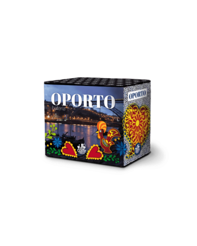 0631 Batterie droite, 28 mm, 24 coups , 20s, Oporto, Bombes vertes, rouges et dorées perles multicolores