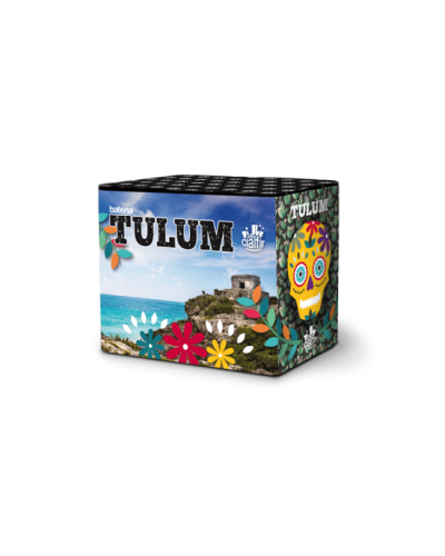 0632 Batterie droite, 28 mm, 24 coups , 20s, TULUM, Bombes vertes et rouges pivoines multicolores cracker dahlia bleu