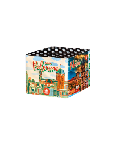 0648 Batterie Droite, 26 mm, 49 coups , 60s, Palermo, Bombes queues dorées, coco anneaux rouge, bleu, vert, jaune, violet blanc.