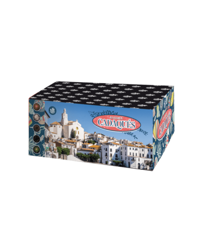 0665 Batterie droite, 26 mm, 99 coups , 80", CADAQUÉS, Bombes anneaux dorés et coco, rouge vert, blanc et jaune.